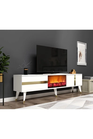 cantek dizayn Vannia Tv Sehpası Şömineli (ALT MODÜL) Beyaz-altın - Resim 2