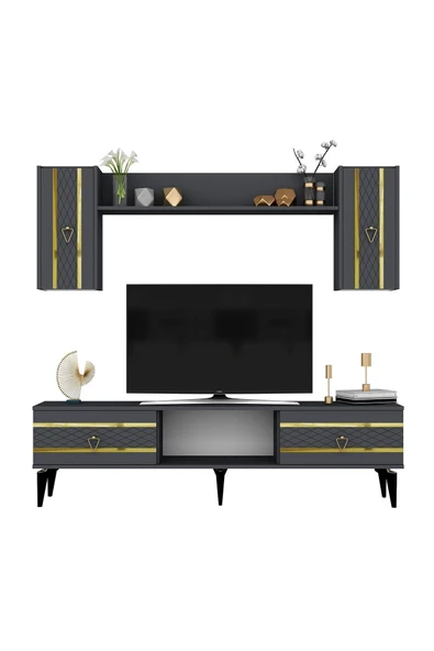 cantek dizayn PELLİN TV ÜNİTESİ TAKIMI ANTRASİT-ALTIN - 4