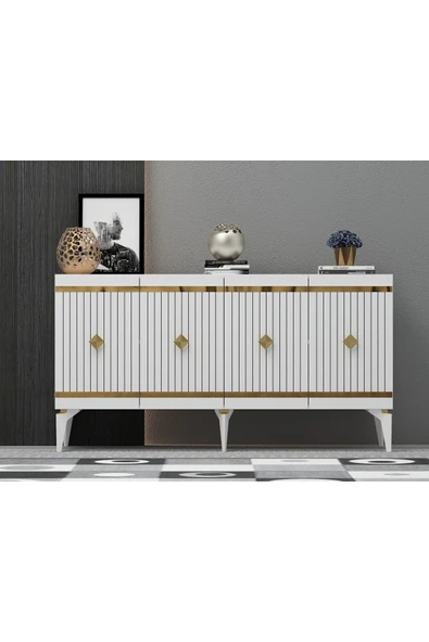 cantek dizayn LENORA TV SEHPASI (alt modül) ve KONSOL 2'Lİ SALON TAKIMI BEYAZ-ALTIN - Resim 4