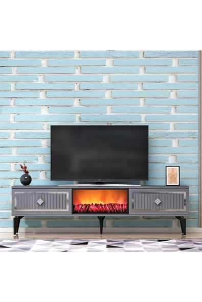 cantek dizayn Flame Şömineli Tv Sehpası (ALT MODÜL) Antrasit-gümüş
