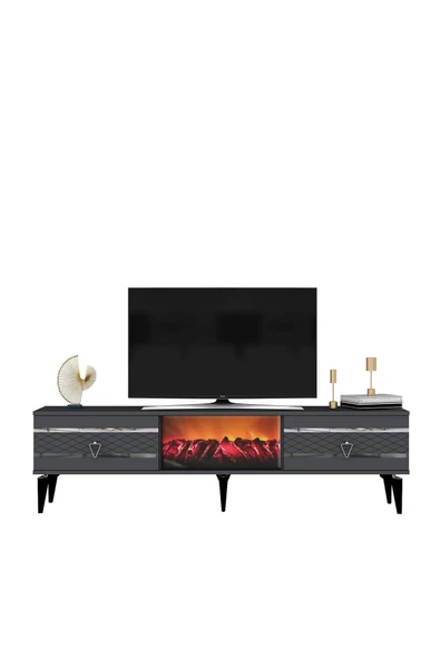 cantek dizayn PELLİN TV SEHPASI ŞÖMİNELİ ANTRASİT-GÜMÜŞ - Resim 3