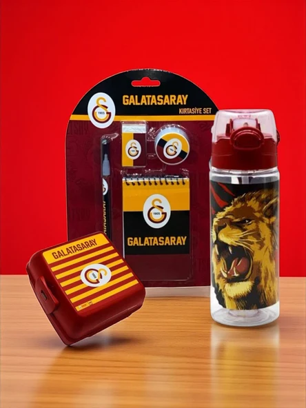 Galatasaray Taraftar 4 bölmeli Aslan Figürlü Beslenme Kutusu 500 Ml Matara Kırtasiye Seti