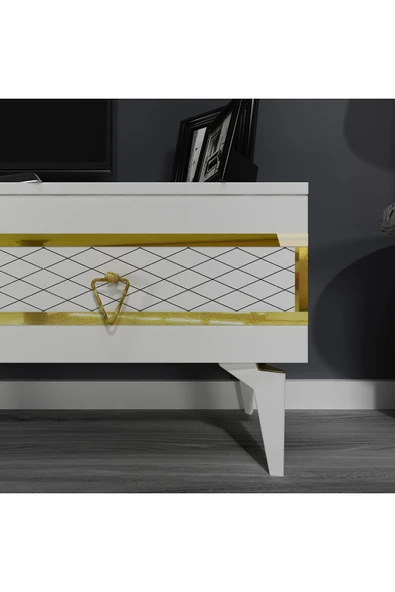 cantek dizayn İppek 180 Cm Tv Sehpası (ALT MODÜL) Beyaz-altın - Resim 3