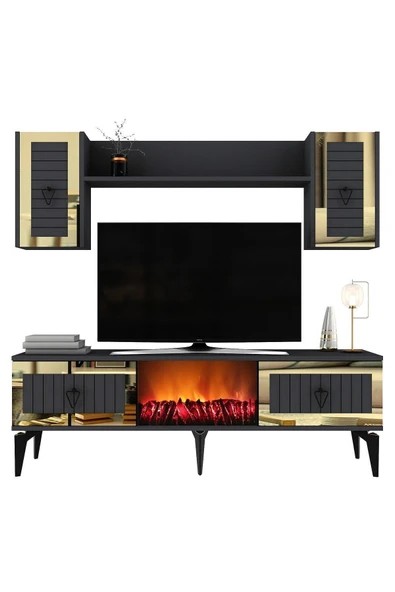 cantek dizayn LİNDA ŞÖMİNELİ TV ÜNİTESİ TAKIMI ANTRASİT-ALTIN - Resim 7