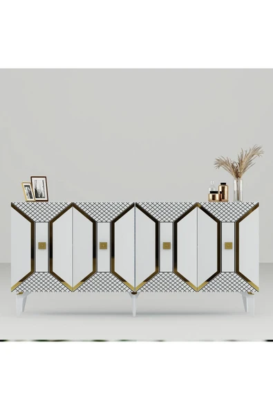 cantek dizayn YUMMEDİ PLEKSİ DESENLİ LAZER ÇİZGİLİ KONSOL BEYAZ-ALTIN - Resim 4