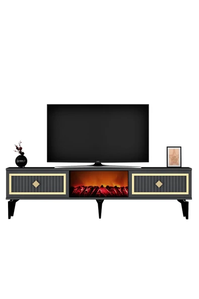 cantek dizayn NİL ŞÖMİNELİ TV SEHPASI ANTRASİT-ALTIN - Resim 3