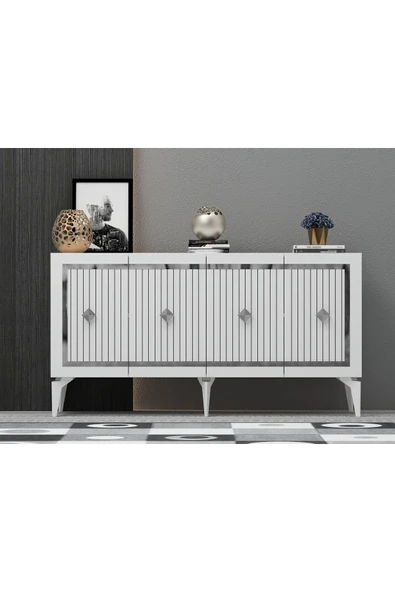 cantek dizayn NOVA TV SEHPASI (alt modül) ve KONSOL 2'Lİ SALON TAKIMI BEYAZ-GÜMÜŞ - 3