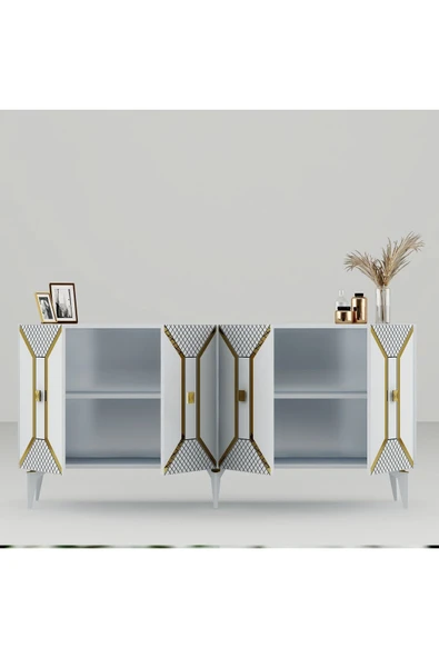 cantek dizayn YUMMEDİ PLEKSİ DESENLİ LAZER ÇİZGİLİ KONSOL BEYAZ-ALTIN - Resim 6
