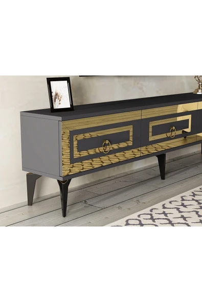cantek dizayn Karrya 180 Cm Tv Sehpası Antrasit Altın - Resim 3