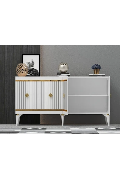 cantek dizayn LENORA TV SEHPASI (alt modül) ve KONSOL 2'Lİ SALON TAKIMI BEYAZ-ALTIN - Resim 5