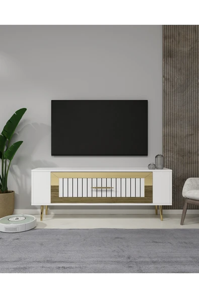 cantek dizayn RETROLP3CT TV SEHPASI BEYAZ-ALTIN ürün görseli