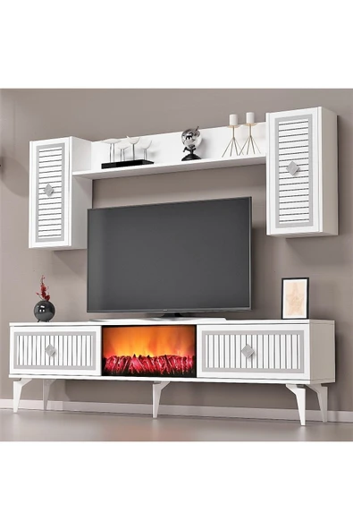 cantek dizayn Flame Şömineli Tv Ünitesi Takımı Beyaz-gümüş - 3
