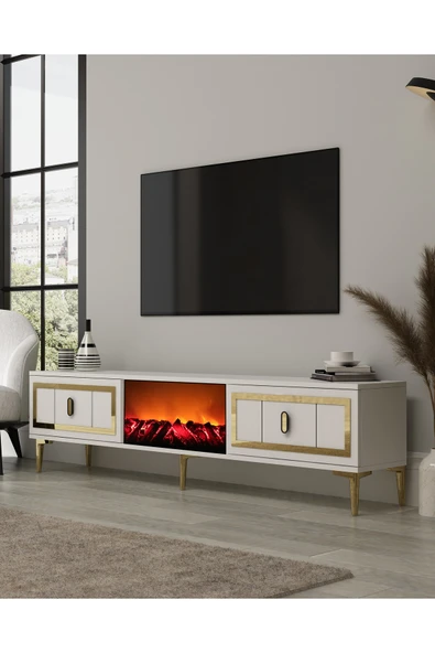 cantek dizayn ORİONCT ŞÖMİNELİ (A) TV SEHPASI BEYAZ-ALTIN - 2