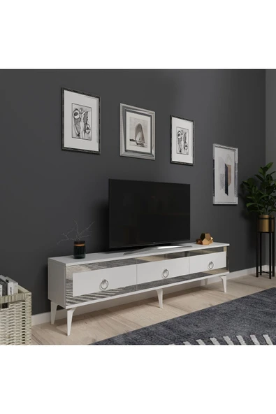 cantek dizayn Ponny 180 Cm Tv Sehpası Beyaz Gümüş - Resim 2