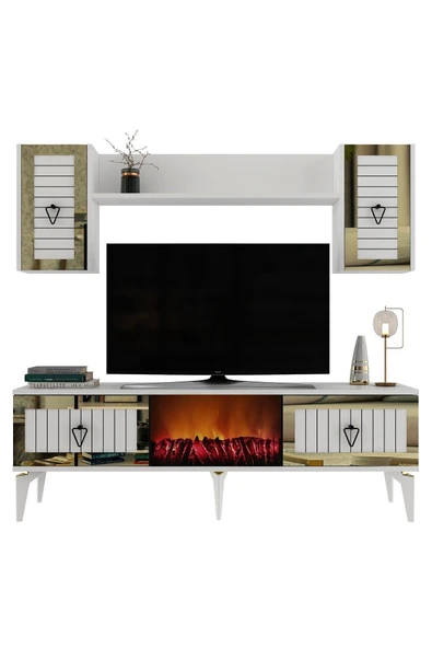 cantek dizayn LİNDA ŞÖMİNELİ TV ÜNİTESİ TAKIMI BEYAZ-ALTIN - Resim 8