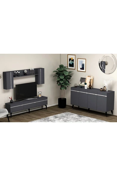 cantek dizayn Defne 180 Cm Tv Ünitesi Ve Konsol 2'li Salon Takımı Antrasit-gümüş