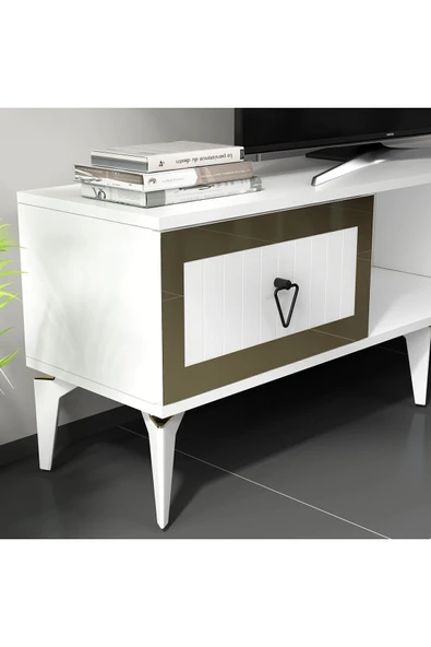 cantek dizayn LİNDA RAFLI TV ÜNİTESİ TAKIMI BEYAZ-ALTIN - Resim 4