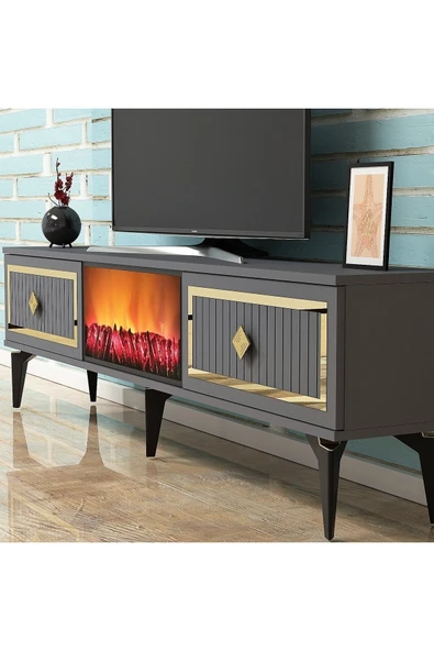 cantek dizayn Flame Şömineli Tv Sehpası (ALT MODÜL) Antrasit-altın - Resim 3
