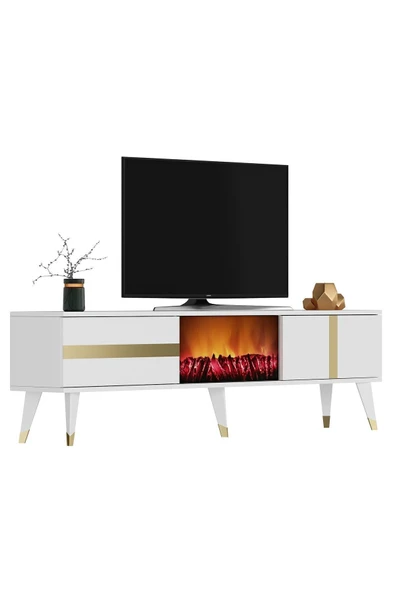cantek dizayn Vannia Tv Sehpası Şömineli (ALT MODÜL) Beyaz-altın - Resim 4