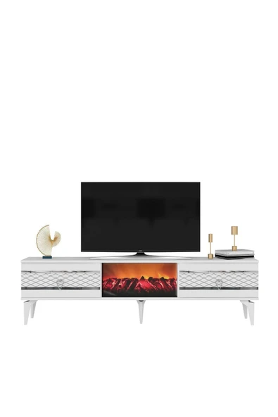 cantek dizayn PELLİN TV SEHPASI ŞÖMİNELİ BEYAZ-GÜMÜŞ - Resim 3