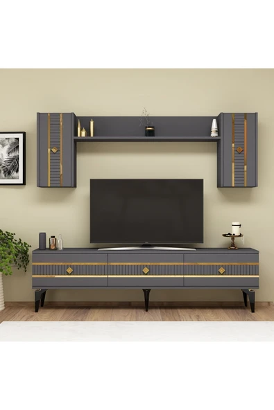 cantek dizayn LENORA TV ÜNİTESİ TAKIMI ANTRASİT-ALTIN ürün görseli