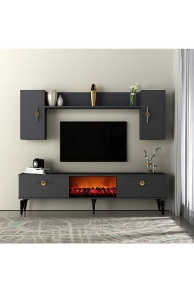 cantek dizayn ZENNİT ŞÖMİNELİ TV ÜNİTESİ TAKIMI ANTRASİT-ANTRASİT