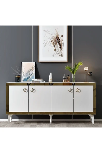 cantek dizayn PONNY LAZER PLEKSİ DESENLİ KONSOL BEYAZ-ALTIN - Resim 2