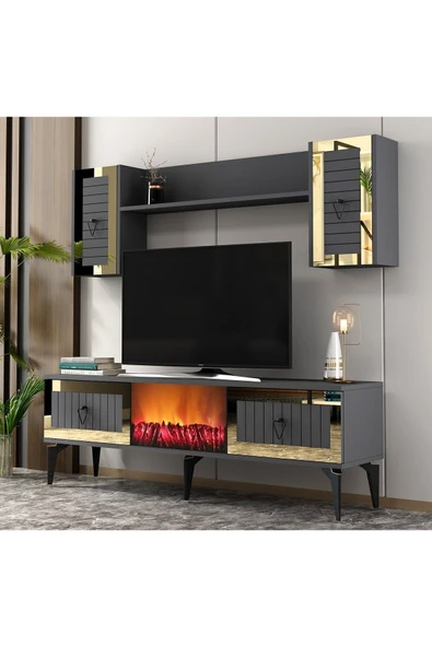 cantek dizayn LİNDA ŞÖMİNELİ TV ÜNİTESİ TAKIMI ANTRASİT-ALTIN - Resim 2