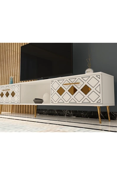 cantek dizayn DOMECT TV SEHPASI BEYAZ-ALTIN - Resim 3