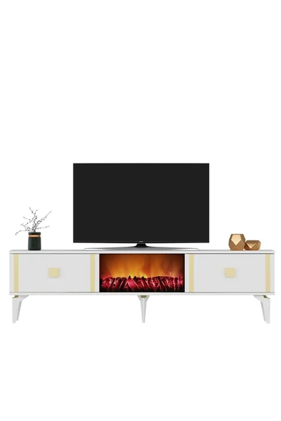 cantek dizayn DORRUK TV SEHPASI (ALT MODÜL) ŞÖMİNELİ BEYAZ-ALTIN - Resim 2