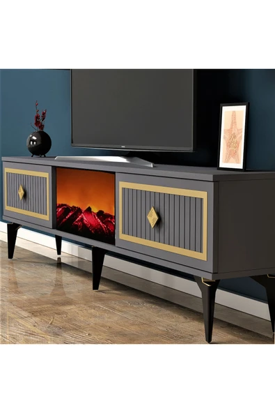 cantek dizayn NİL ŞÖMİNELİ TV SEHPASI ANTRASİT-ALTIN - Resim 2