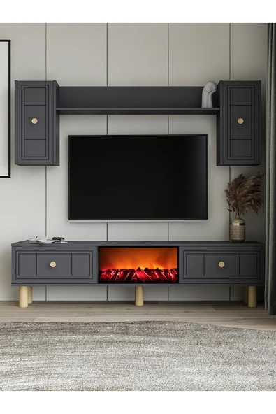 cantek dizayn Darioct Bohem Şömineli (A) Tv Ünitesi Takımı Antrasit-antrasit