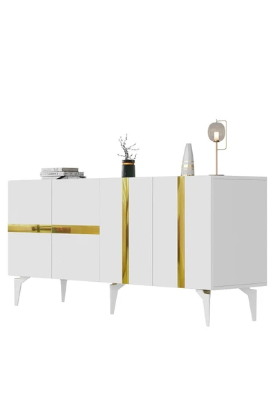 cantek dizayn VANNİA TV SEHPASI ve KONSOL 2'li SALON TAKIMI BEYAZ-ALTIN - Resim 5