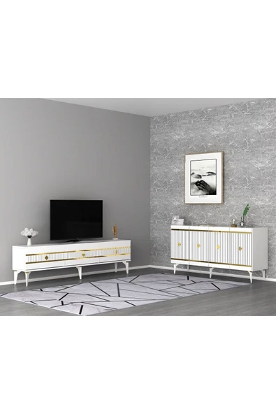 cantek dizayn LENORA TV SEHPASI (alt modül) ve KONSOL 2'Lİ SALON TAKIMI BEYAZ-ALTIN ürün görseli
