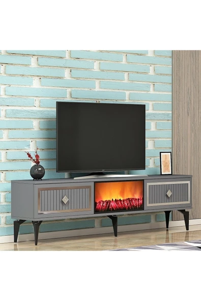 cantek dizayn Flame Şömineli Tv Sehpası (ALT MODÜL) Antrasit-gümüş - 4