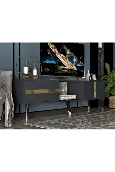 cantek dizayn VANNİA TV SEHPASI (ALT MODÜL) ANTRASİT-ALTIN - Resim 2