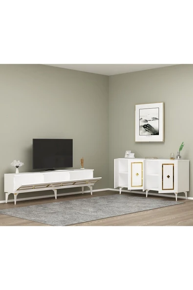 cantek dizayn Nora Tv Sehpası (ALT MODÜL) Ve Konsol 2'li Salon Takımı Beyaz-altın - Resim 2