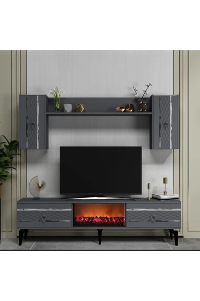 cantek dizayn PELLİN TV ÜNİTESİ TAKIMI ŞÖMİNELİ ANTRASİT-GÜMÜŞ