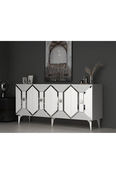 cantek dizayn YUMMEDİ PLEKSİ DESENLİ LAZER ÇİZGİLİ KONSOL BEYAZ-GÜMÜŞ - Resim 2