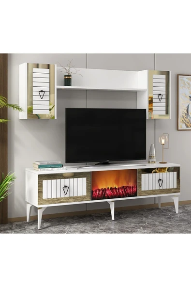 cantek dizayn LİNDA ŞÖMİNELİ TV ÜNİTESİ TAKIMI BEYAZ-ALTIN - Resim 3