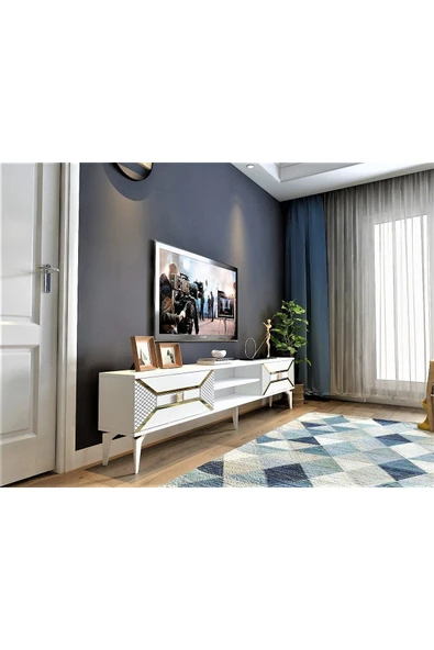 cantek dizayn Yummedi Tv Sehpası Beyaz-altın - Resim 2