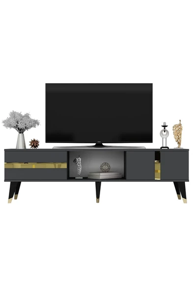 cantek dizayn VANNİA TV SEHPASI ve KONSOL 2'li SALON TAKIMI ANTRASİT-ALTIN - Resim 5