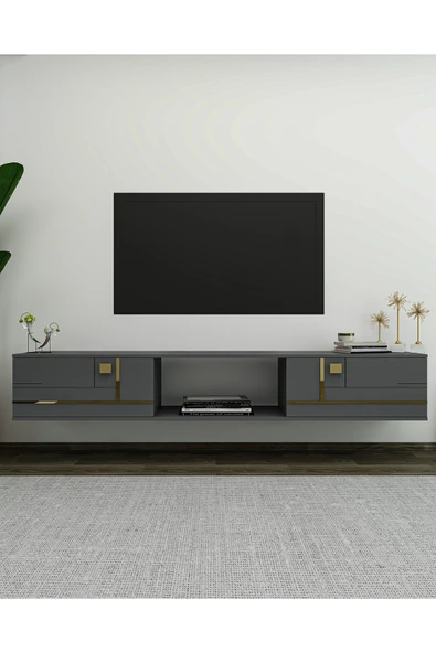 cantek dizayn AREDAMCT DUVARA MONTAJ TV SEHPASI ANTRASİT-ALTIN