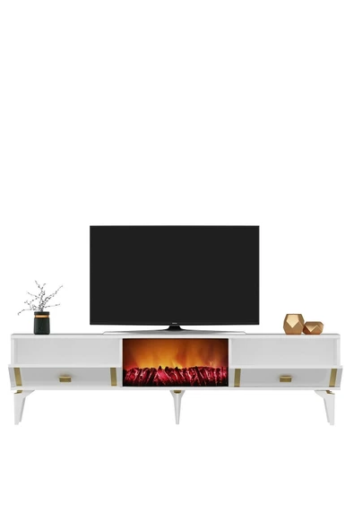 cantek dizayn DORRUK TV SEHPASI (ALT MODÜL) ŞÖMİNELİ BEYAZ-ALTIN - Resim 4