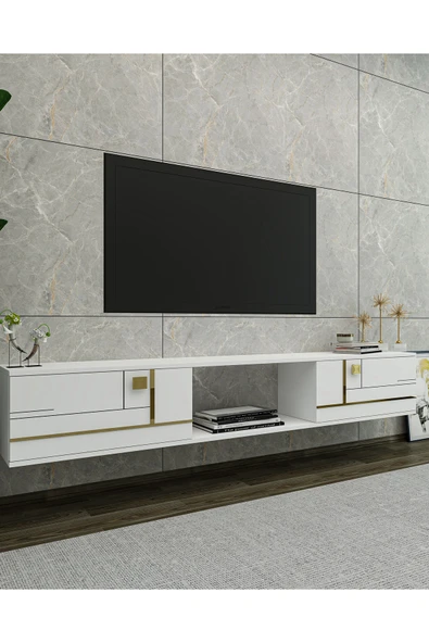 cantek dizayn AREDAMCT DUVARA MONTAJ TV SEHPASI BEYAZ-ALTIN - Resim 2