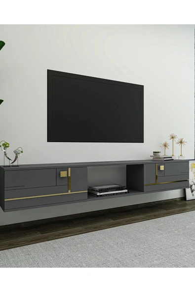 cantek dizayn AREDAMCT DUVARA MONTAJ TV SEHPASI ANTRASİT-ALTIN - 2