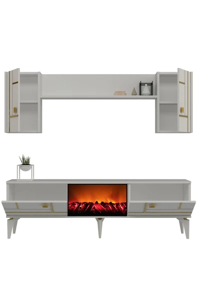 cantek dizayn MADDERA ŞÖMİNELİ TV ÜNİTESİ TAKIMI BEYAZ-ALTIN - 5