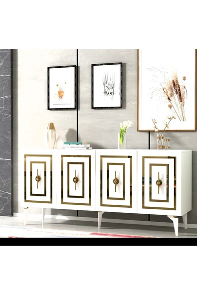 cantek dizayn VİOLLA LAZER DESENLİ 4 KAPAKLI KONSOL BEYAZ-ALTIN - Resim 7