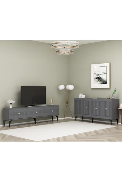 cantek dizayn Midas 180 Cm Tv Sehpası (ALT MODÜL) Ve 4 Kapaklı Konsol 2'li Salon Takımı Antrasit-gümüş ürün görseli