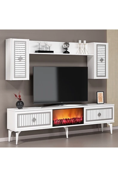 cantek dizayn Flame Şömineli Tv Ünitesi Takımı Beyaz-gümüş - 2